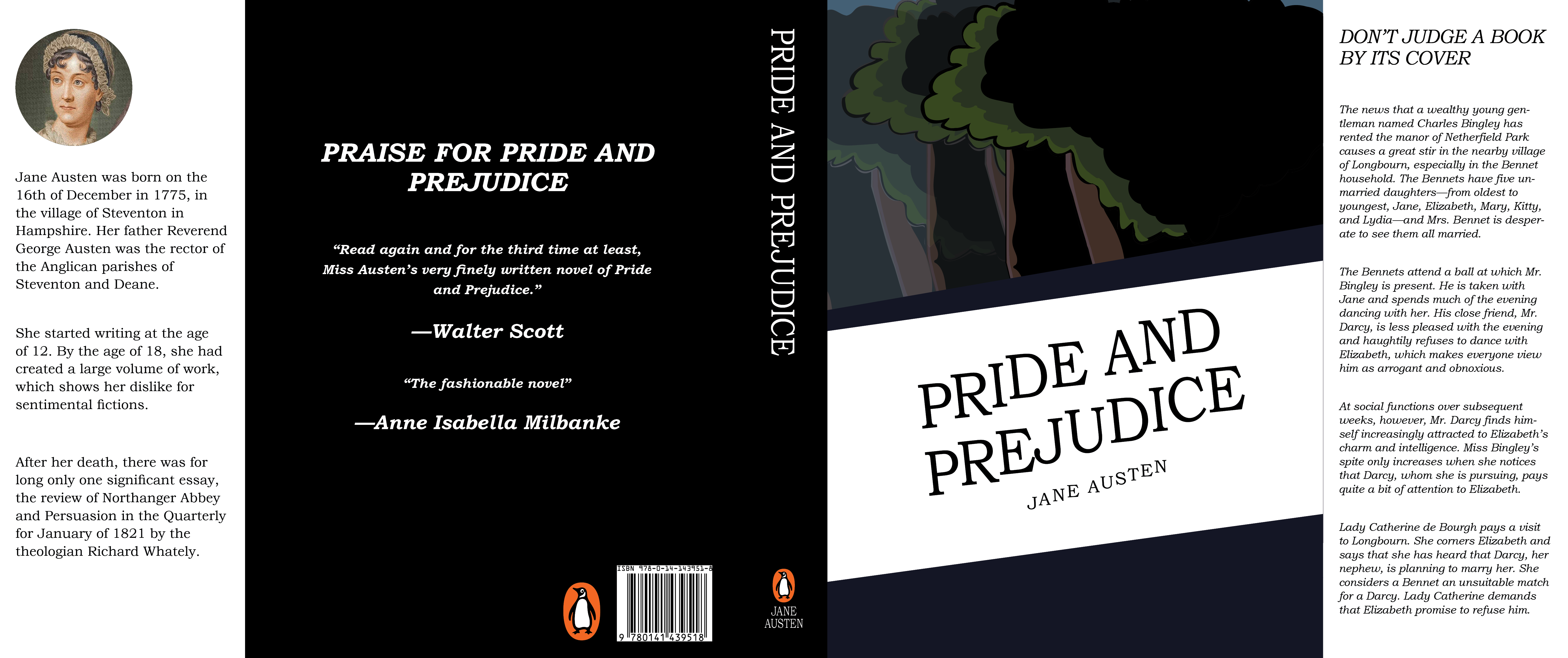 a design for a book jacket for the book pride and prejudice that is colored black and uses fancy font for the front and back covers