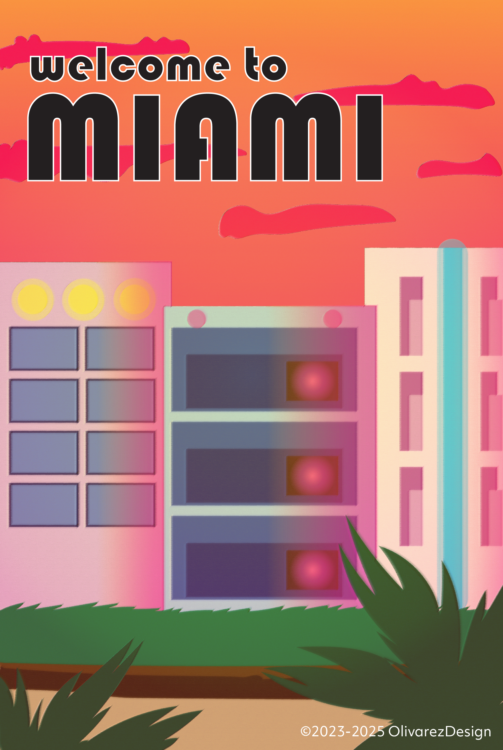 an illustrated poster of a represntation of miami with buildings near a beahc ocast with palm trees while there is an orange and pink sunset for the background
