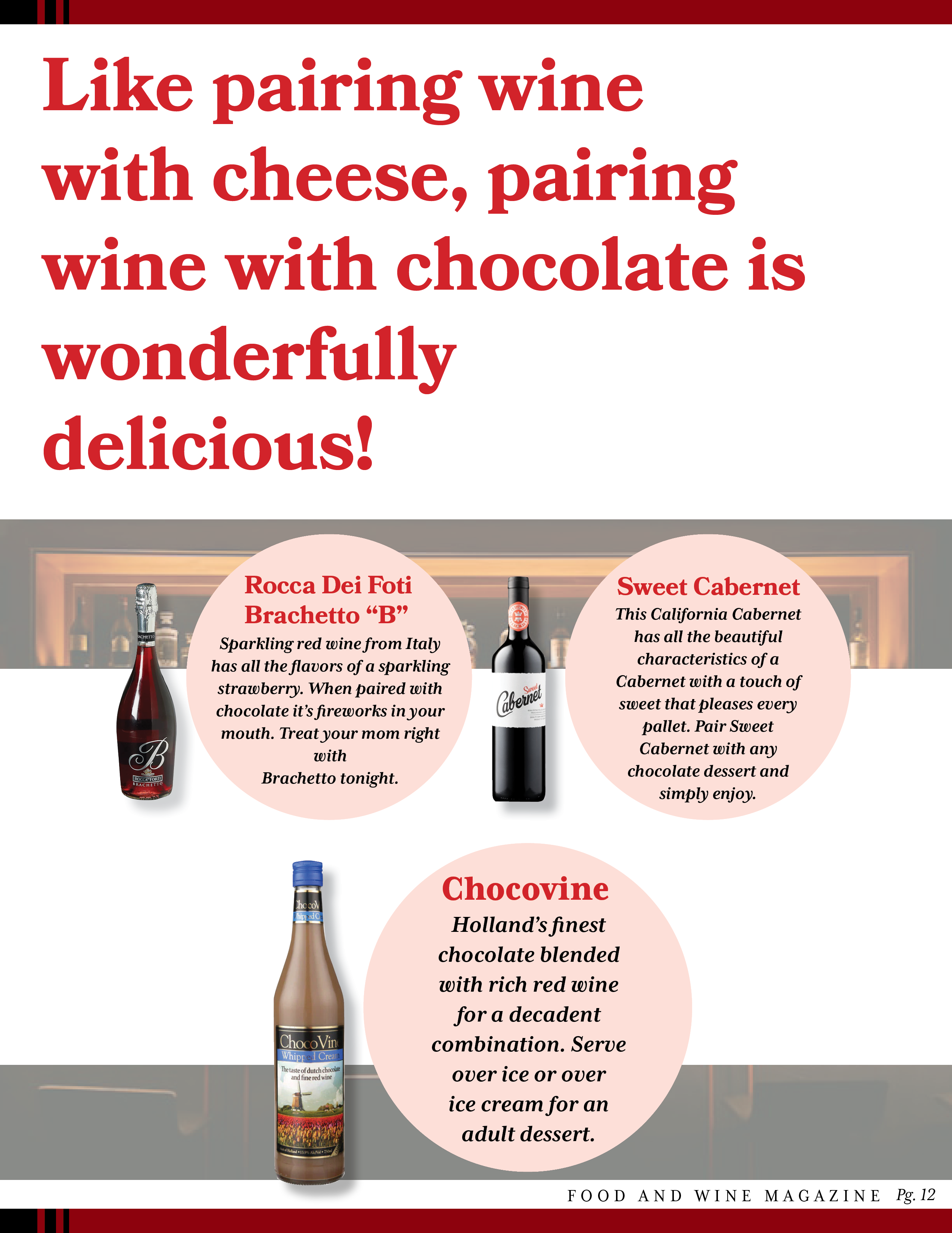 magazine page of chocolate wine drinks with matching descriptions