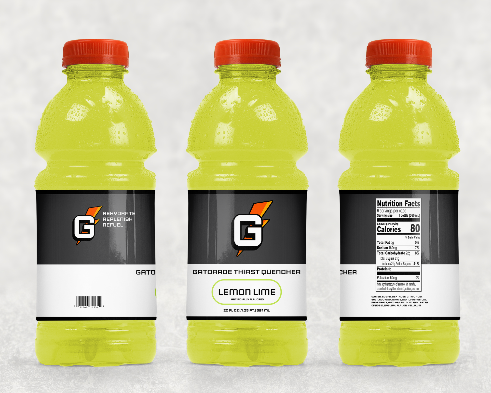 sports drink bottle mockups with redesigns for gatorade with new labeling and a new logo on the three bottles displayed